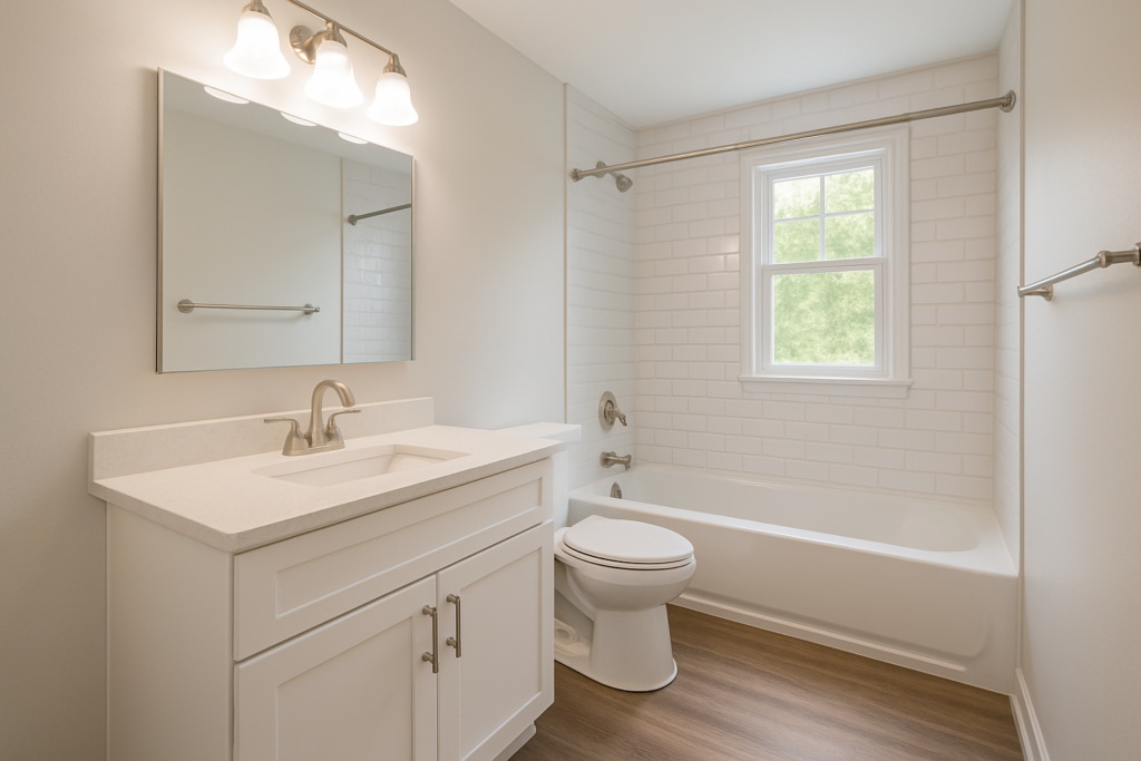 Freshly remodeled bathroom with new vanity and tile in a Bon Air, Virginia home