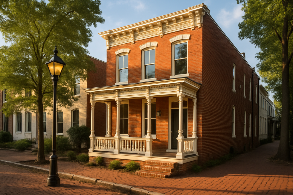 Restored historic brick rowhouse with fresh trim paint in Church Hill, Richmond, Virginia