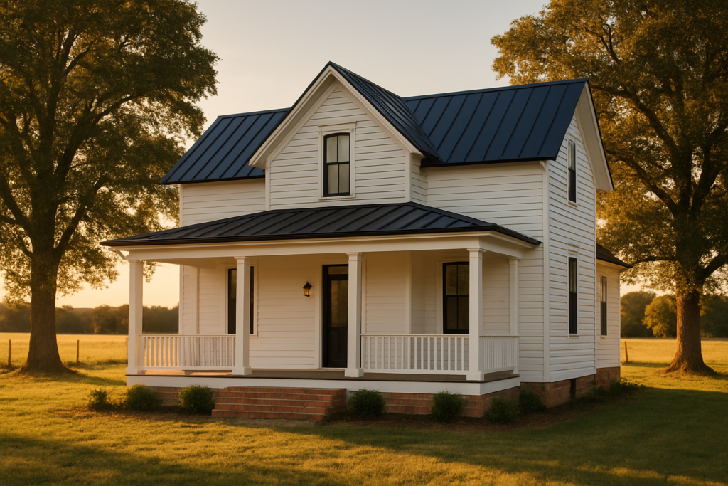 Freshly painted white farmhouse in rural Hanover County, Virginia