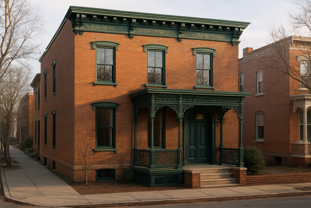 Restored Italianate rowhouse with ornamental cast-iron porch in Jackson Ward, Richmond, Virginia