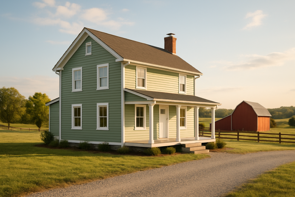 Renovated farmhouse with fresh paint on rural acreage in Powhatan County, Virginia