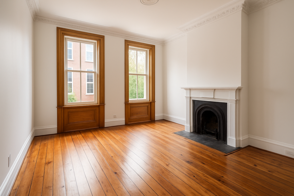 Renovated living room with restored heart pine floors and fresh paint in a historic Richmond, Virginia home