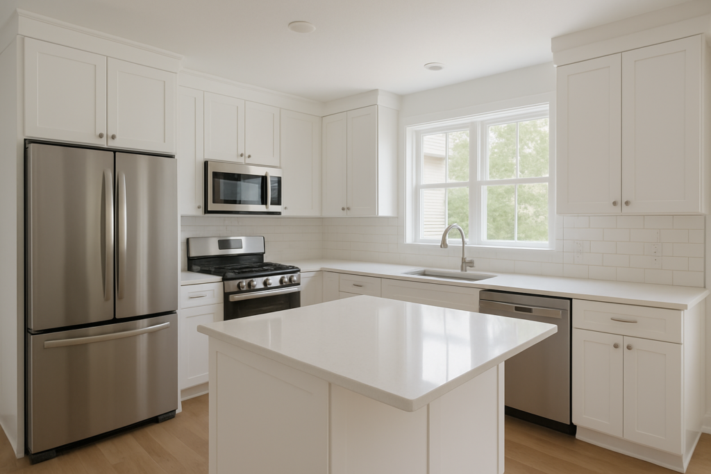Freshly repainted white kitchen cabinets in a Short Pump, Virginia home