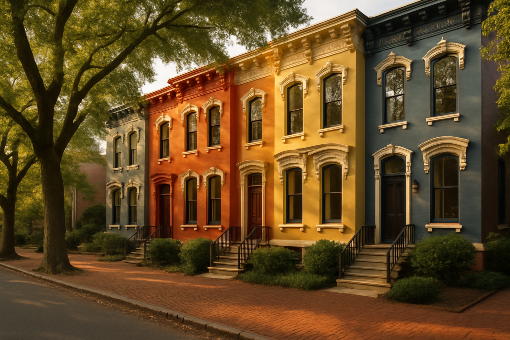 Freshly painted historic Italianate rowhouses on a tree-lined street in The Fan, Richmond, Virginia