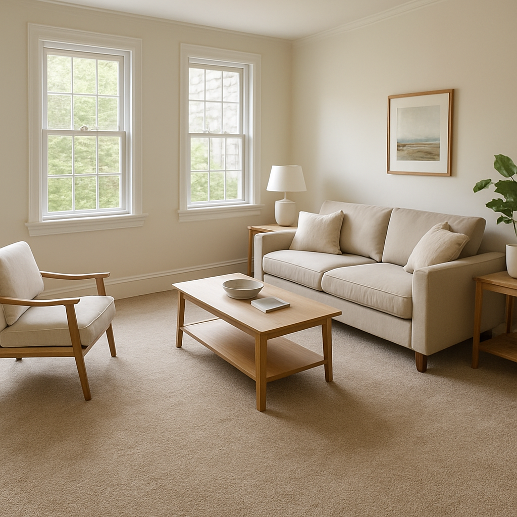 Newly installed soft beige carpet in a bright living room of a Richmond, Virginia home
