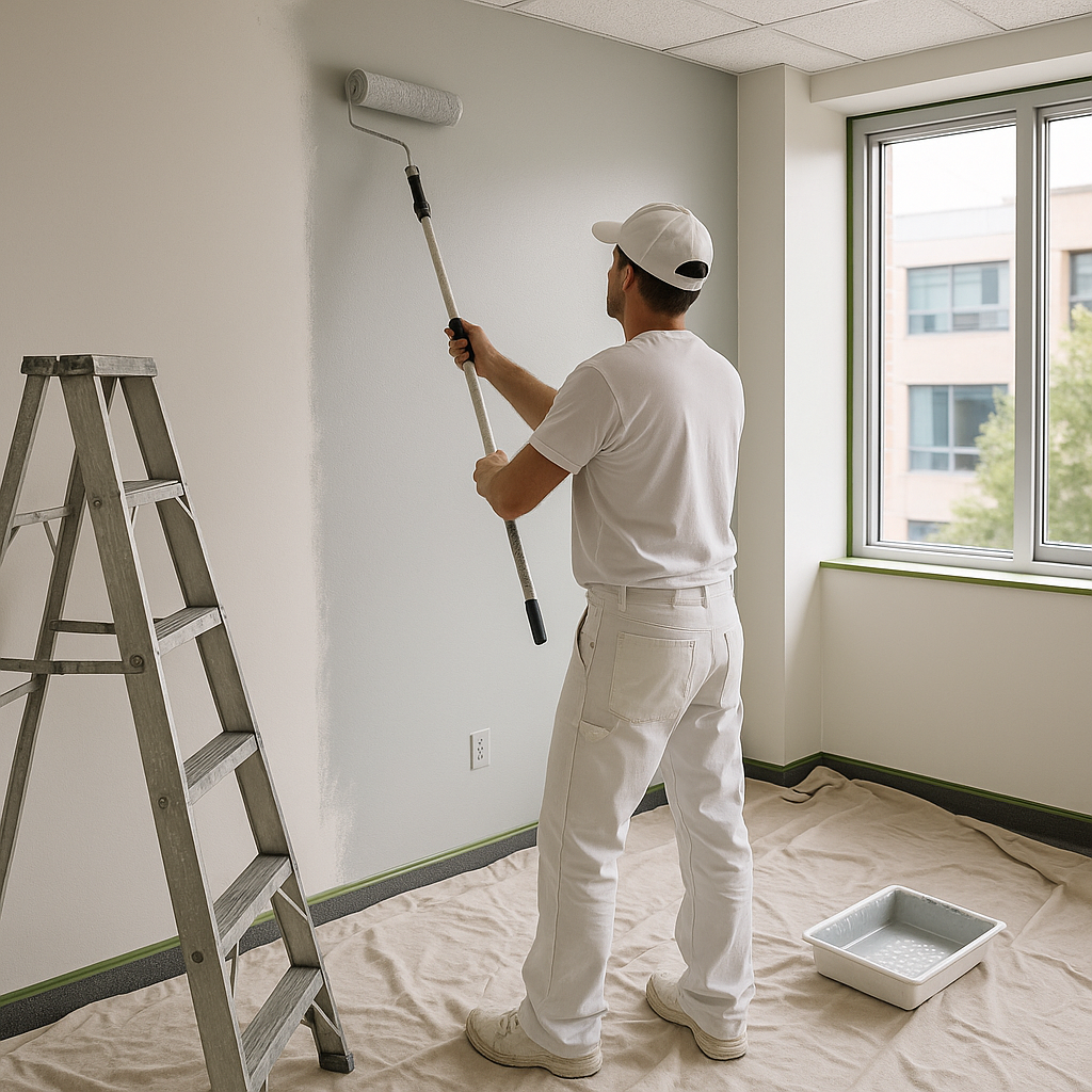 Painter rolling a fresh neutral color onto the wall of a modern commercial office in Richmond, Virginia