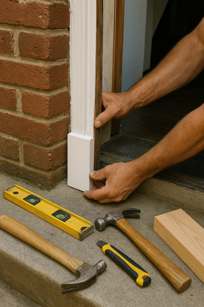 Carpenter installing new wood trim on an exterior door frame of a Richmond, Virginia home