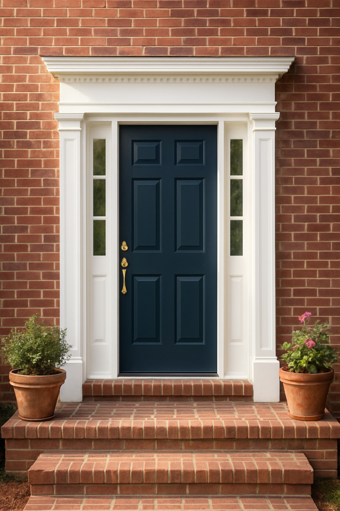New painted front entry door with sidelights on a brick home in Richmond, Virginia