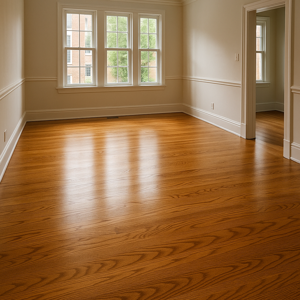 Freshly refinished oak hardwood floor with a warm satin finish in a Richmond, Virginia home