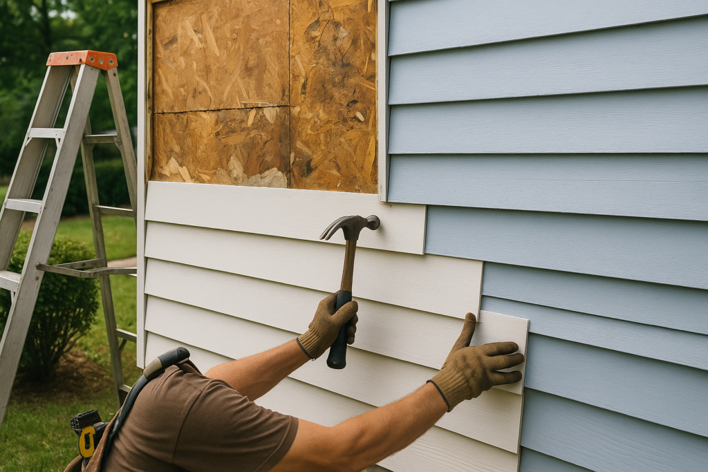 Contractor replacing damaged lap siding boards on a home in Richmond, Virginia