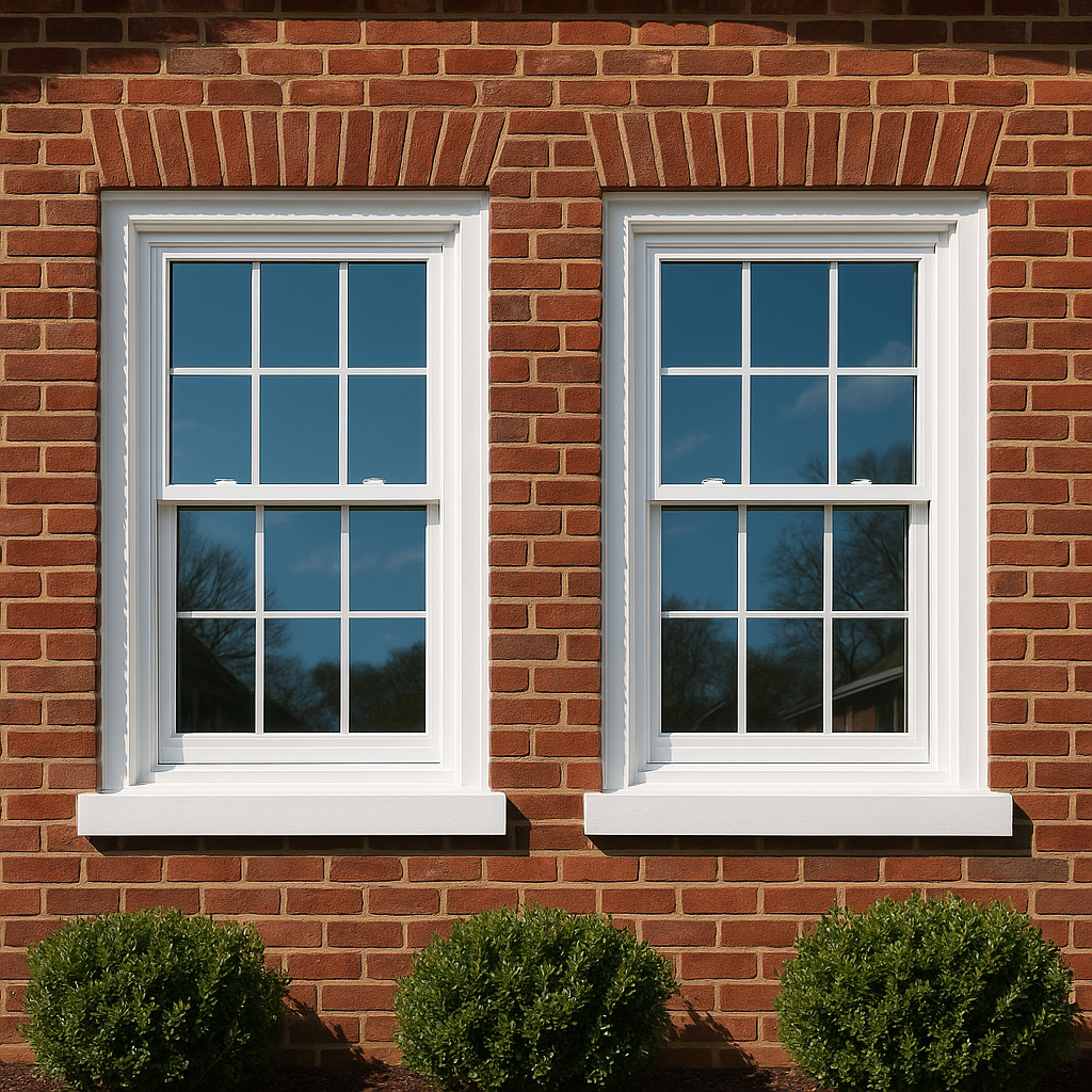 New white double-hung replacement windows with fresh trim on a brick home in Richmond, Virginia